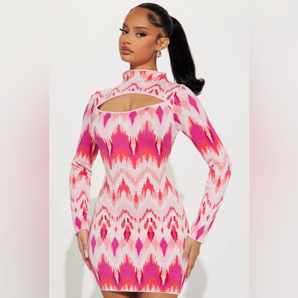 NWOT- Fashion Nova Sierra Sweater Mini Dress - Pink/combo